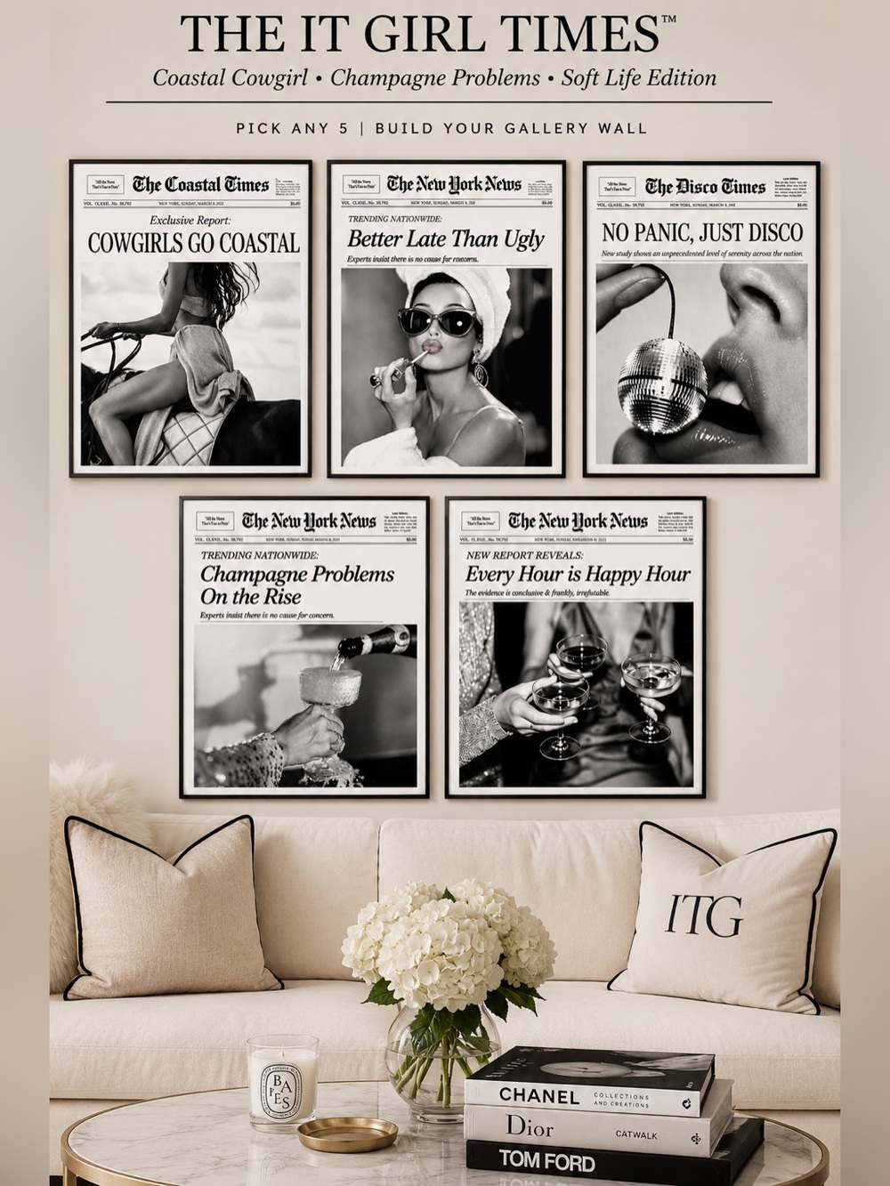 Pick 3 | The It Girl Times™ Gallery Wall | B&W Fashion Newspaper Art Print Set